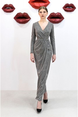 Evening shiny dress with a slit and sleeves Inga DM-1116
